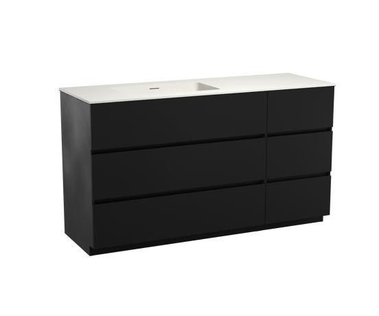 Storke Edge staand badmeubel 150 x 52 cm mat zwart met Mata asymmetrisch linkse wastafel in matte Solid Surface