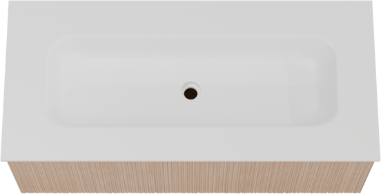 Balmani Forma zwevend badkamermeubel 120 x 55 cm natuur eik met Tablo Arcato enkele wastafel voor 2 kraangaten in solid surface mat wit, Verticale asymmetrische ronde ribbel