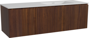 Storke Ribs zwevend badkamermeubel 150 x 52 cm notelaar met Mata asymmetrisch rechtse wastafel in solid surface mat wit, Verticale symmetrische rechte ribbel