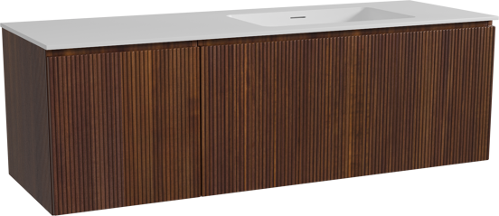 Storke Ribs hängendes Möbelstück Set: 150 x 52 cm, Nussbaum, mit Mata Waschtisch rechts, Solid Surface, Weiß matt, Vertikale symmetrische gerade Rippe