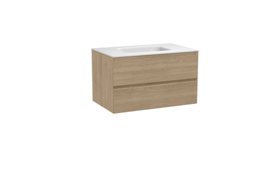 Balmani Mitra hängendes Möbelstück Set: 90 x 55 cm, Naturbelassene Eiche, mit Tablo Arcato Einzelwaschtisch, Solid Surface Weiß matt