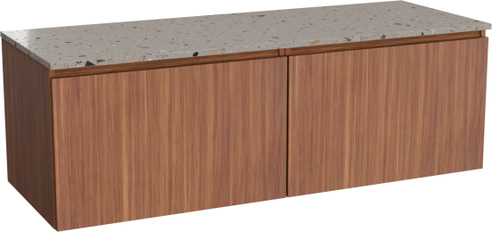 Balmani Sfera meuble salle de bains suspendu 150 x 55 cm noyer américain avec Stretto tablette simple ou double en terrazzo greige terrazzo