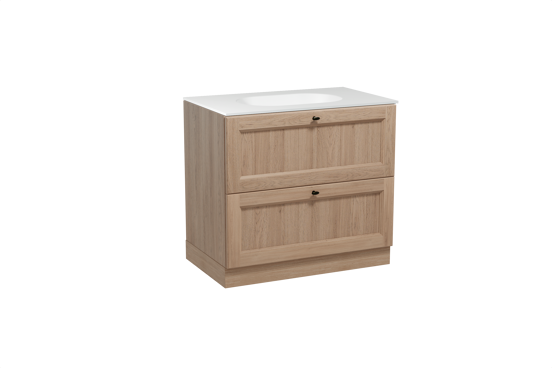 Balmani Lemon staand badkamermeubel 90 x 55 cm verweerde eik met Tablo Oval enkele wastafel in solid surface mat wit