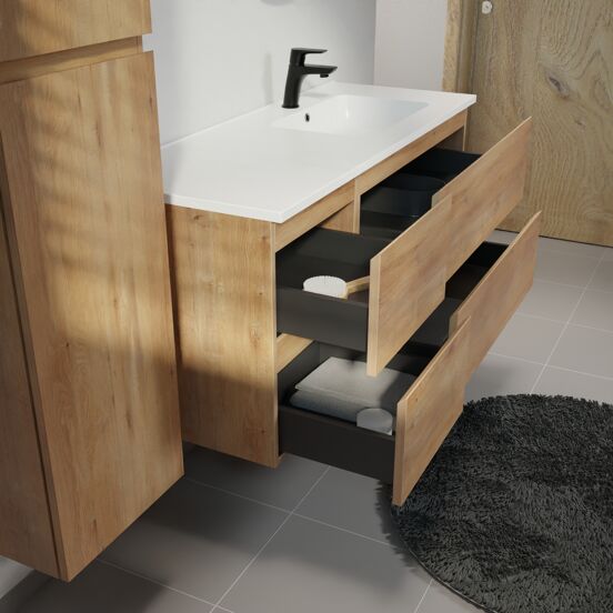 Linie Lado meuble salle de bains suspendu 120 x 46 cm chêne naturel avec Vano plan vasque asymétrique à droite en marbre composite blanc mat