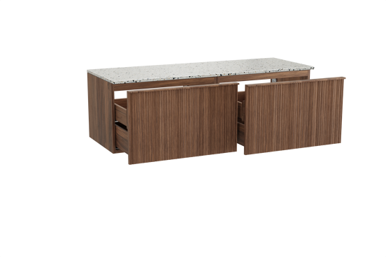 Balmani Forma zwevend badkamermeubel 150 x 55 cm amerikaanse notelaar met Stretto enkel of dubbel tablet in mat wit/zwart terrazzo, Verticale asymmetrische ronde ribbel