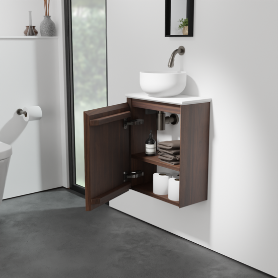 Balmani Mitra zwevend toiletmeubel 42 x 21 cm amerikaans notenhout met Facetta wastafelblad en Bowl waskom in matte Solid Surface
