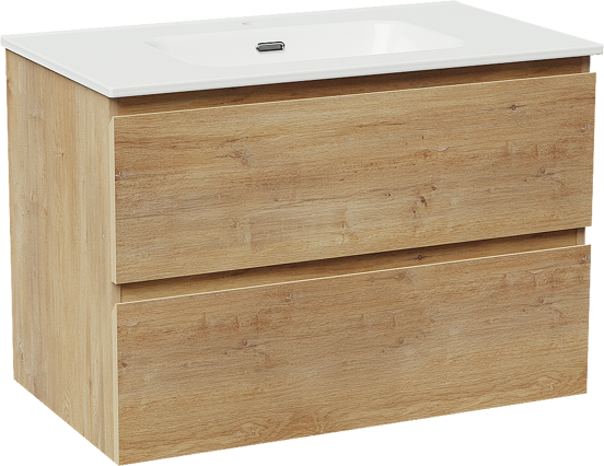 Linie Lado meuble salle de bains suspendu 80 x 46 cm chêne naturel avec Baro plan simple en porcelaine blanc brillant