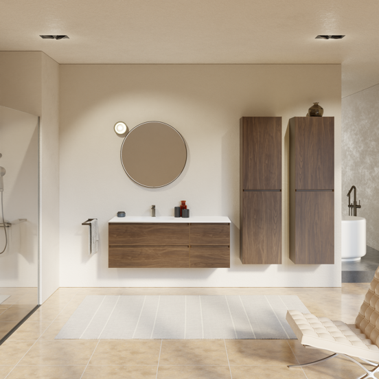 Balmani Mitra meuble salle de bains suspendu 135 x 55 cm noyer américain avec Tablo Oval vasque asymétrique gauche en solid surface blanc mat
