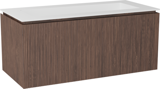 Balmani Eclips zwevend badkamermeubel 120 x 55 cm Amerikaanse notelaar met Tablo Stretto enkele wastafel in Solid Surface mat wit, Verticale symmetrische rechte ribbel