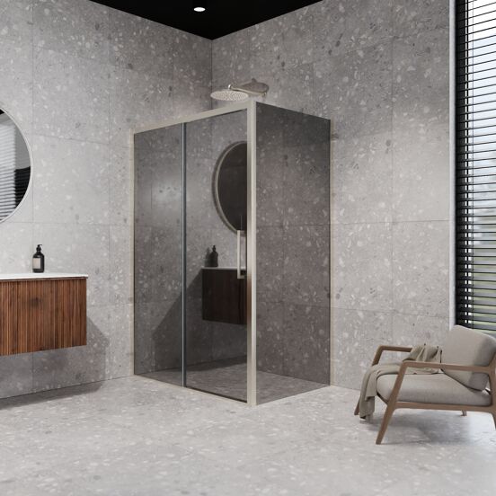 Balmani Senses Design douchehoek met linkse schuifdeur en vaste zijwand, 120 x 90 cm, Reflex spiegelglas, Brushed CoolMetal profielen, met coating