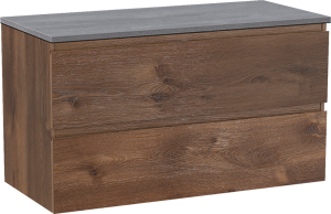 Linie Lado zwevend badkamermeubel 100 x 46 cm bruine eik met Lado enkel of dubbel tablet in melamine beton donkergrijs