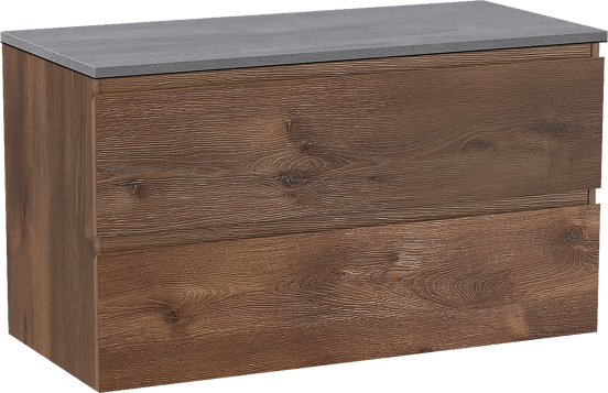 Linie Lado hängendes Möbelstück Set: 100 x 46 cm, Braune Eiche, mit Lado Einzel- oder Doppel Waschtischplatte, Melamin Beton dunkelgrau