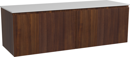 Storke Ribs zwevend badmeubel 150 x 52 cm notenhout met Tavola enkel of dubbel wastafelblad in solid surface mat wit, Verticale symmetrische rechte ribbel