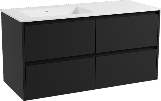 Storke Seda zwevend badkamermeubel 120 x 52 cm mat zwart met Mata asymmetrisch linkse wastafel in solid surface mat wit