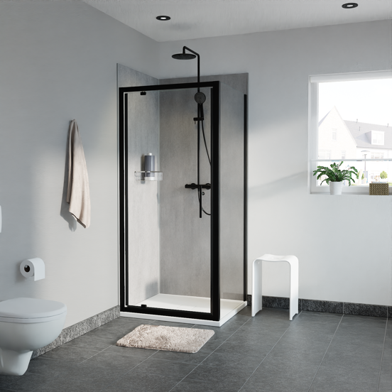 Linie Cadiz douchecabine met draaideur en vaste zijwand, 80 x 70 cm, helder glas, zwarte profielen