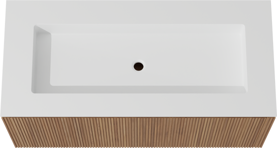 Balmani Eclips zwevend badkamermeubel 120 x 55 cm Teak met Tablo Stretto enkele wastafel in Solid Surface mat wit, Verticale symmetrische rechte ribbel