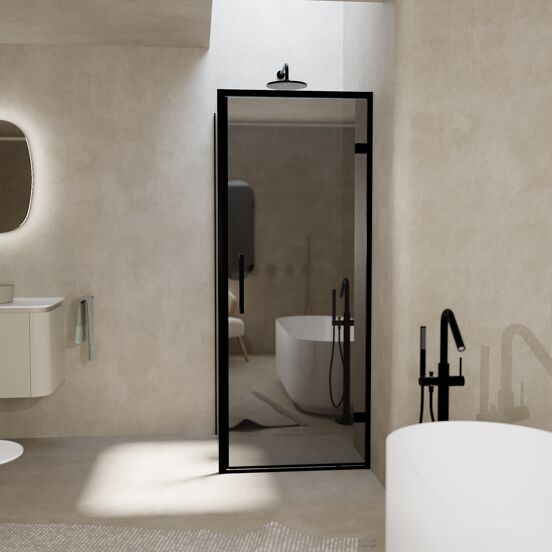 Balmani Senses Design douche en coin avec porte pivotante à droite et paroi latérale fixe, 90 x 80 cm, Miroir Reflex, Profil noir