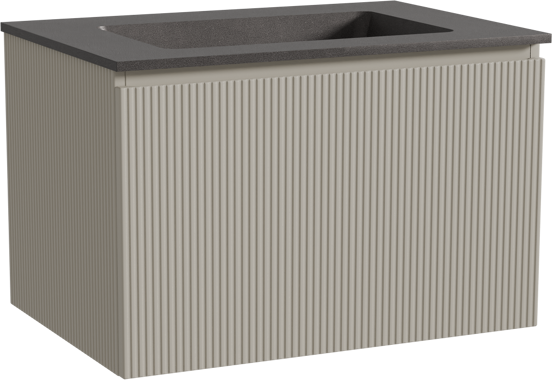 Storke Ribs meuble salle de bains suspendu 75 x 52 cm soie grise avec Scuro plan simple en quartz noir mat, Nervure droite symétrique verticale