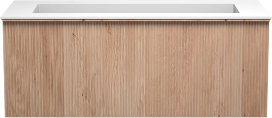 Balmani Forma zwevend badkamermeubel 120 x 55 cm natuur eik met Tablo Stretto enkele wastafel voor 2 kraangaten in solid surface mat wit, Verticale symmetrische rechte ribbel