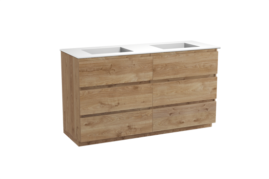Balmani Lucida staand badkamermeubel 150 x 55 cm ruwe eik met Tablo Stretto dubbele wastafel in solid surface mat wit