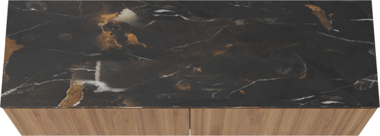 Balmani Eclips zwevend badkamermeubel 180 x 55 cm Teak met Stretto enkel of dubbel tablet in Portoro Gold marmer