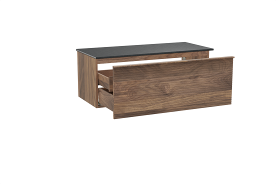 Balmani Forma hängendes Möbelstück Set: 120 x 55 cm, Amerikanischer Nussbaum, mit Stretto Einzel Waschtischplatte, Granit, Schwarzes Granit, Horizontale symmetrische gerade Rippe