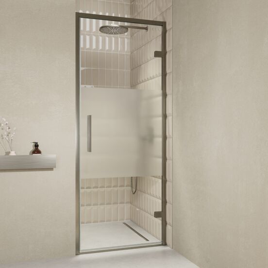 Balmani Senses Design Dusche Drehtür, Rechts, 90 cm x 210 cm, Klarglas mit mattiertem Streifen, Profil Brushed GunMetal, inklusive Coating