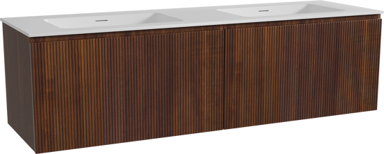 Storke Ribs hängendes Möbelstück Set: 170 x 52 cm, Nussbaum, mit Mata Doppelwaschtisch, Solid Surface, Weiß matt, Vertikale symmetrische gerade Rippe