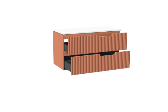 Linie Ribbo meuble salle de bains suspendu 100 x 46 cm cotto avec Lado tablette simple ou double en marbre composite blanc mat, Nervure circulaire symétrique verticale