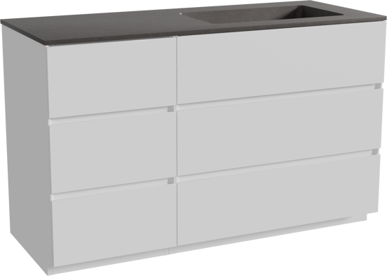 Storke Edge staand badmeubel 130 x 52 cm mat wit met Scuro asymmetrisch rechtse wastafel in kwarts mat zwart