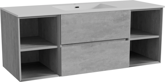 Storke Edge meuble salle de bains suspendu 135 x 52 cm béton gris foncé avec Diva plan simple en marbre composite blanc brillant
