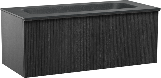 Balmani Forma zwevend badkamermeubel 120 x 55 cm zwarte eik met Tablo Arcato enkele wastafel voor 2 kraangaten in graniet zwart, Verticale symmetrische rechte ribbel