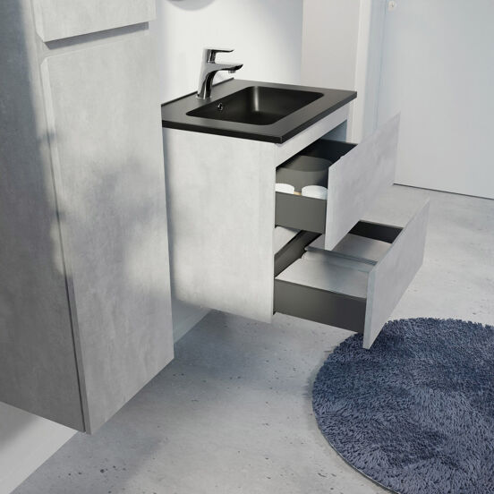 Linie Lado meuble salle de bains suspendu 60 x 46 cm béton gris foncé avec Vano plan simple en marbre composite noir mat