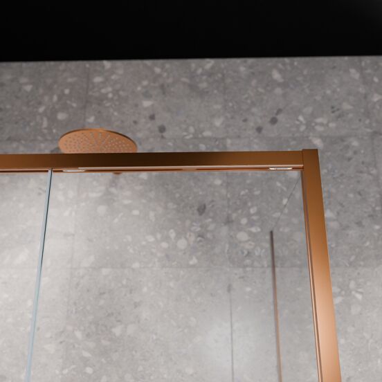 Balmani Senses Design douche en coin avec porte coulissante à gauche et paroi latérale fixe, 160 x 100 cm, Verre transparent avec bande matte, Profil Brushed Rosegold