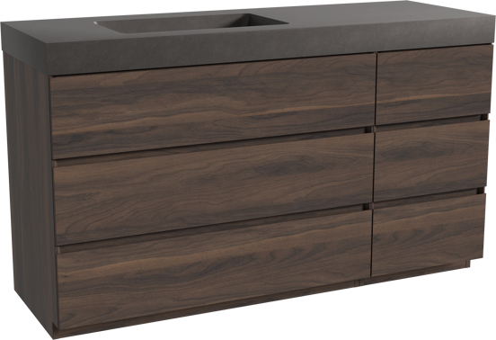 Storke Edge staand badkamermeubel 150 x 52 cm notelaar met Scuro High asymmetrisch linkse wastafel in kwarts mat zwart