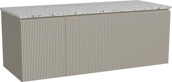 Storke Ribs meuble salle de bains suspendu 130 x 52 cm soie grise avec Tavola tablette simple ou double en blanc/noir mat terrazzo, Nervure droite symétrique verticale
