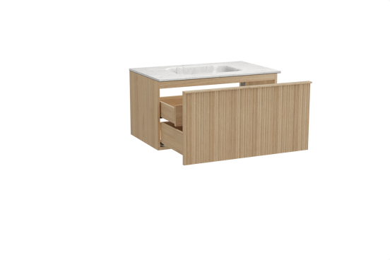 Balmani Forma zwevend badmeubel 90 x 55 cm naturel eiken met Tablo Arcato enkele wastafel in marmer carrara, Verticale asymmetrische ronde ribbel