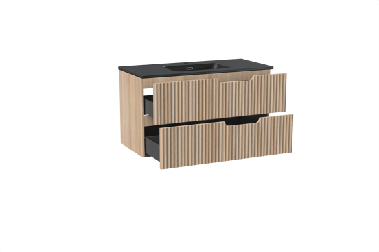 Linie Ribbo meuble salle de bains suspendu 100 x 46 cm chêne clair avec Baro plan simple en porcelaine noir mat, Nervure circulaire symétrique verticale