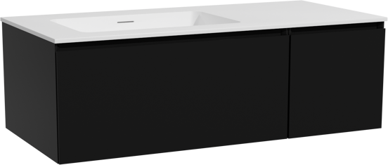 Storke Edge zwevend badmeubel 110 x 52 cm mat zwart met Mata asymmetrisch linkse wastafel in solid surface mat wit