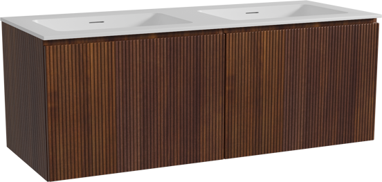 Storke Ribs zwevend badkamermeubel 130 x 52 cm notelaar met Mata dubbele wastafel in solid surface mat wit, Verticale symmetrische rechte ribbel