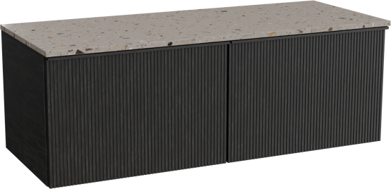 Balmani Forma hängendes Möbelstück Set: 135 x 55 cm, Schwarze Eiche, mit Stretto Einzel- oder Doppel Waschtischplatte, Terrazzo in Greige, Vertikale symmetrische gerade Rippe