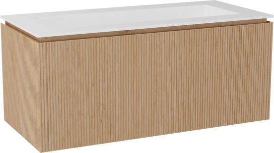Balmani Eclips zwevend badkamermeubel 120 x 55 cm Natuur eik met Tablo Stretto enkele wastafel in Solid Surface mat wit, Verticale symmetrische rechte ribbel