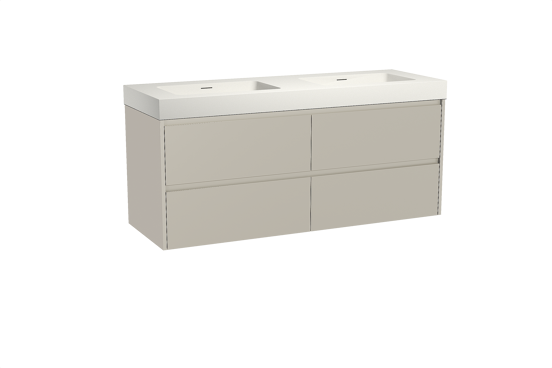 Storke Seda zwevend badkamermeubel 150 x 52 cm zijdegrijs met Mata High dubbele wastafel in solid surface mat wit