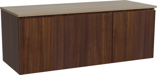 Storke Ribs zwevend badmeubel 130 x 52 cm notenhout met Panton enkel of dubbel wastafelblad in melamine ruw eiken, Verticale symmetrische rechte ribbel