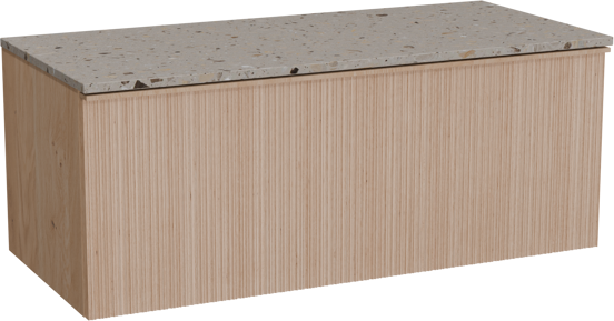 Balmani Forma hängendes Möbelstück Set: 120 x 55 cm, Naturbelassene Eiche, mit Stretto Einzel- oder Doppel Waschtischplatte, Terrazzo in Greige, Vertikale asymmetrische Runde Rippe