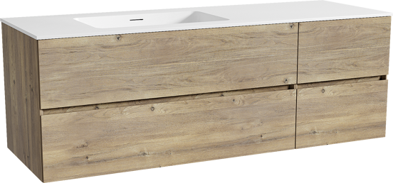 Storke Edge meuble salle de bains suspendu 150 x 52 cm chêne brut avec Mata plan vasque asymétrique à gauche en solid surface blanc mat
