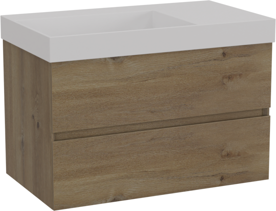 Storke Edge meuble salle de bains suspendu 80 x 46 cm chêne brut avec Jura vasque asymétrique gauche en solid surface blanc mat
