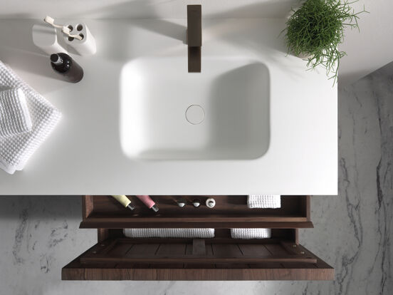 Balmani Tablo Arcato plan vasque asymétrique à droite mat Solid Surface 135 x 55 cm, bonde non incluse