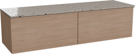Balmani Forma hängendes Möbelstück Set: 180 x 55 cm, Naturbelassene Eiche, mit Stretto Einzel- oder Doppel Waschtischplatte, Terrazzo in Greige, Horizontale symmetrische gerade Rippe