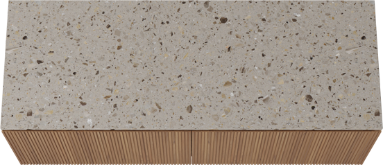 Balmani Eclips hängendes Möbelstück Set: 150 x 55 cm, Teak, mit Stretto Einzel- oder Doppel Waschtischplatte Greige Terrazzo, Vertikale symmetrische gerade Rippe